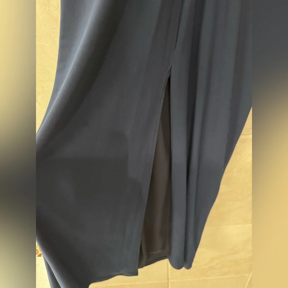 MARINA Navy Long Sleeve Evening Gown with Beaded Sleeves - Picture 3 of 6